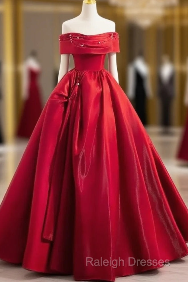 A-Line Off Shoulder Satin Red Ballgown Long Prom Dress Evening Dress Floor Length