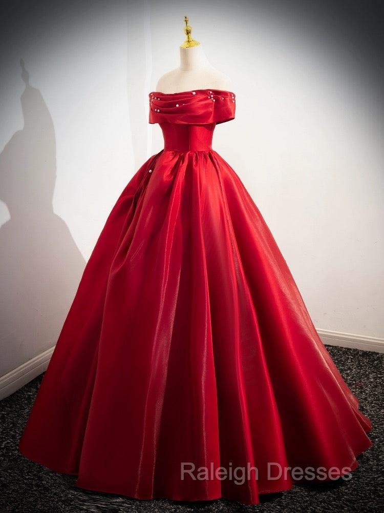 A-Line Off Shoulder Satin Red Long Prom Dress, Red Long Evening Dress