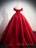 A Line Off Shoulder Satin Red Long Prom Dress, Red Long Prom Dress