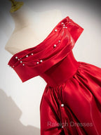A Line Off Shoulder Satin Red Long Prom Dress, Red Long Prom Dress