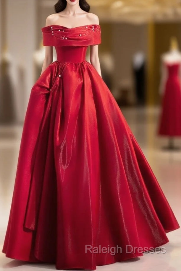 A Line Off Shoulder Satin Red Long Prom Dress, Red Long Prom Dress Main image