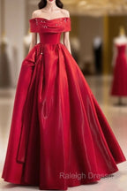 A Line Off Shoulder Satin Red Long Prom Dress, Red Long Prom Dress