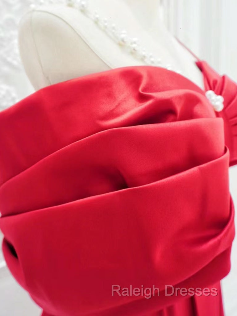 A Line Off Shoulder Satin Red Long Prom Dress, Red Long Formal Dress