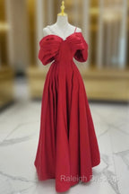 A-Line Off Shoulder Satin Red Long Prom Dress, Red Long Formal Dress