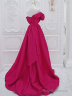 A-Line Off Shoulder Satin Rose Red Long Prom Dress, Rose Red Long Evening Dress