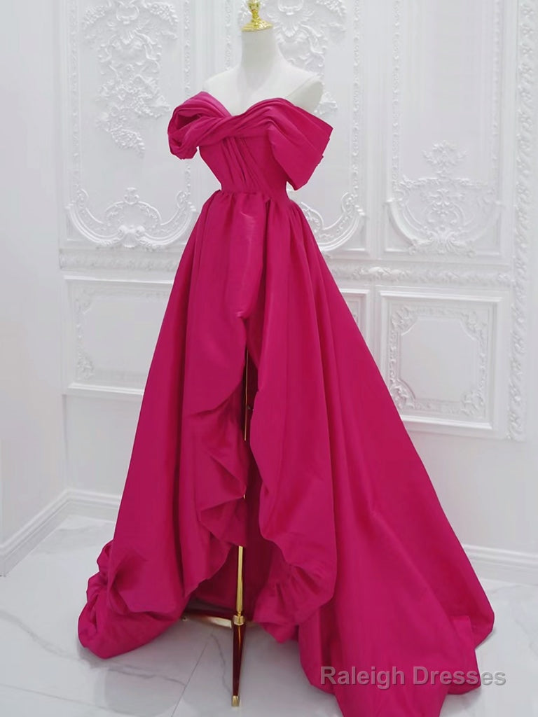 A-Line Off Shoulder Satin Rose Red Long Prom Dress, Rose Red Long Evening Dress Main image