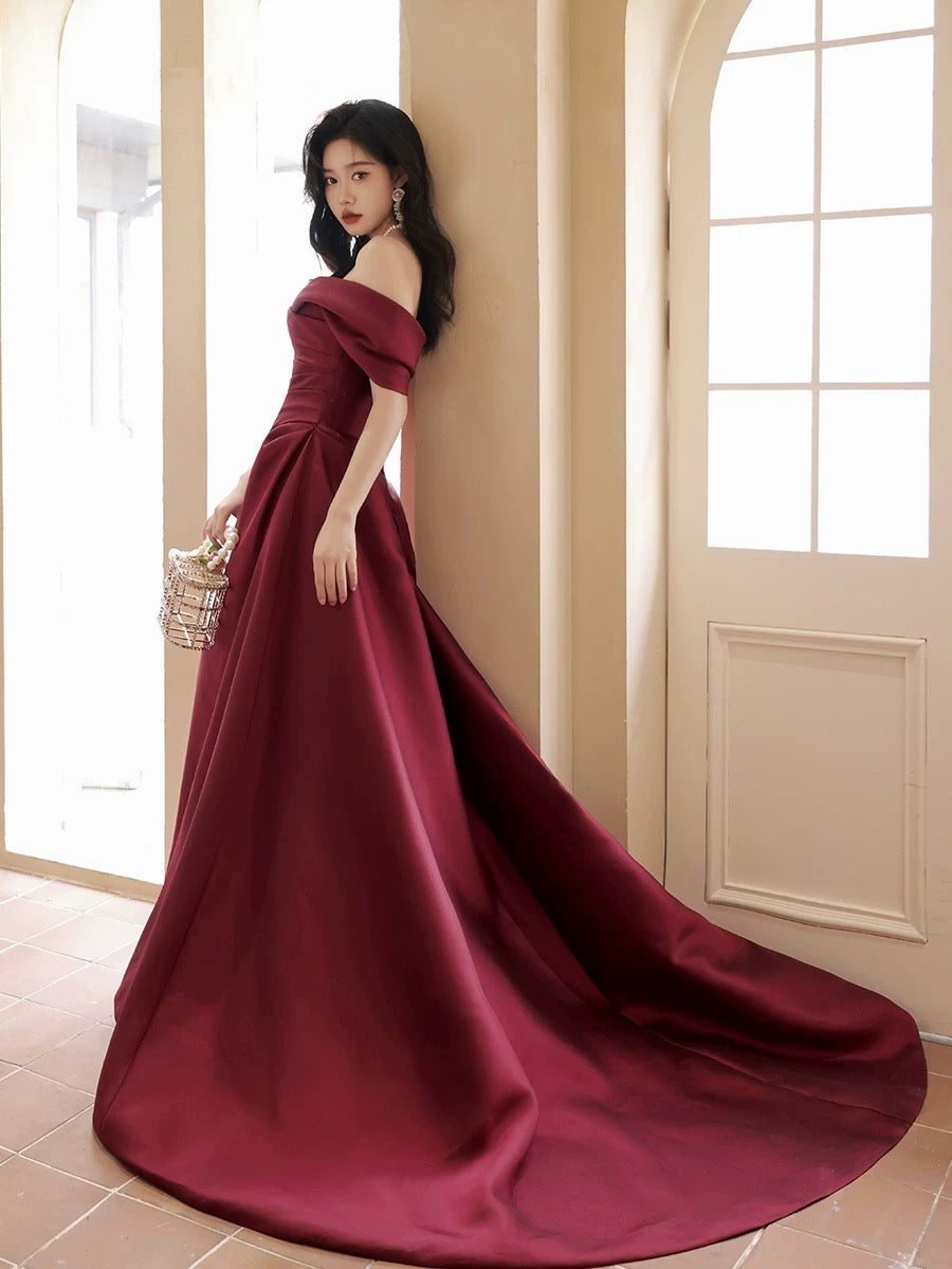 A-Line Off Shoulder Satin Sweet Train Dark Red Long Formal Prom Dress Secondary image