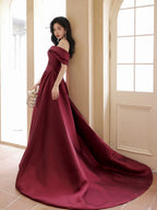 A-Line Off Shoulder Satin Sweet Train Dark Red Long Formal Prom Dress
