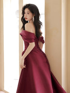 A-Line Off Shoulder Satin Sweet Train Dark Red Long Formal Prom Dress