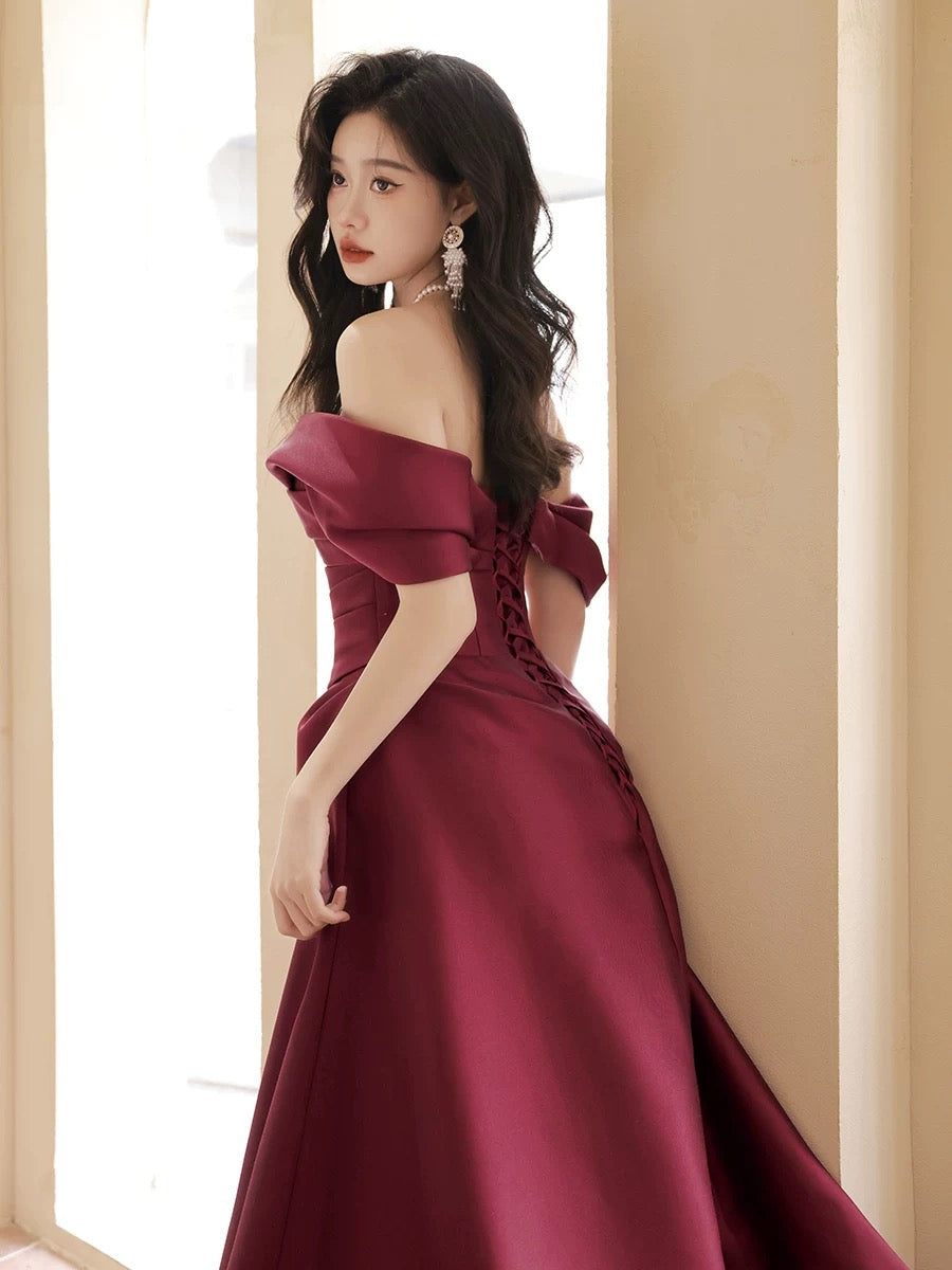 A-Line Off Shoulder Satin Sweet Train Dark Red Long Formal Prom Dress