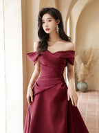 A-Line Off Shoulder Satin Sweet Train Dark Red Long Formal Prom Dress