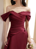 A-Line Off Shoulder Satin Sweet Train Dark Red Long Formal Prom Dress