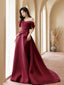A-Line Off Shoulder Satin Sweet Train Dark Red Long Formal Prom Dress