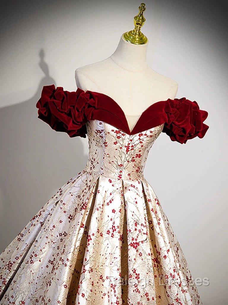 A-Line Off Shoulder Satin/Velvet Champagne Long Prom Dress, Champagne Long Evening Dress