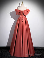A-Line Off Shoulder Satin Watermelon Red Long Prom Dress, Watermelon Long Formal Dress