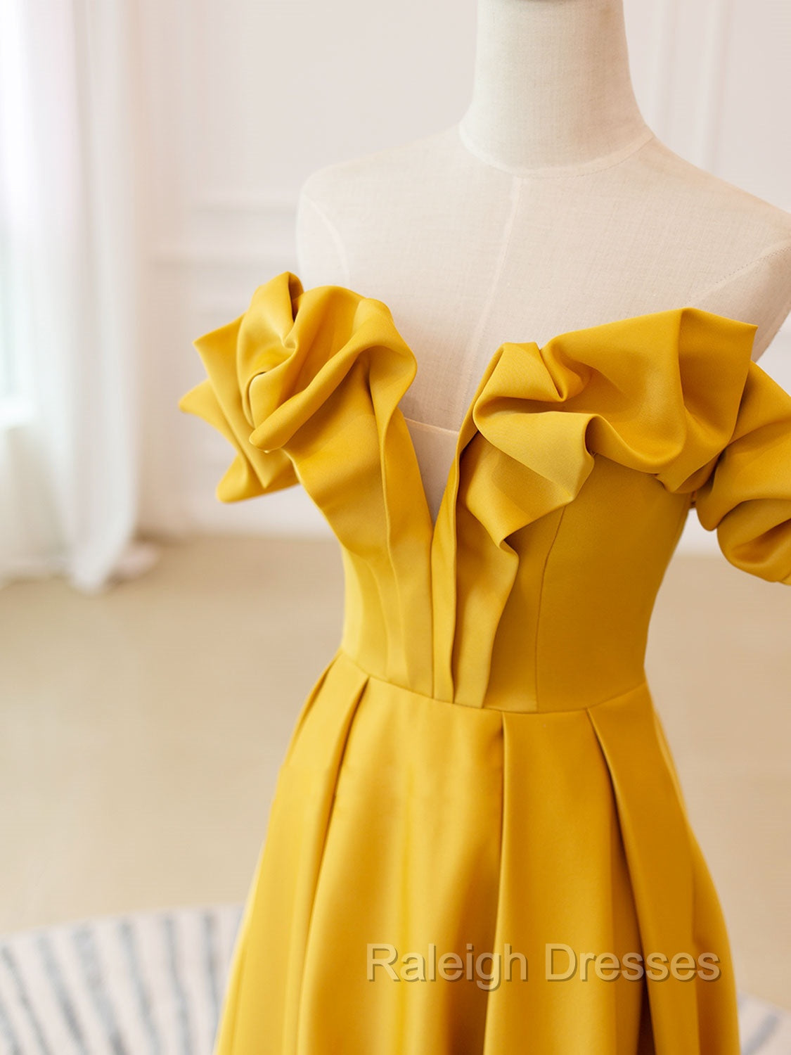 A Line Off Shoulder Satin Yellow Long Prom Dress, Yellow Formal Prom Dress