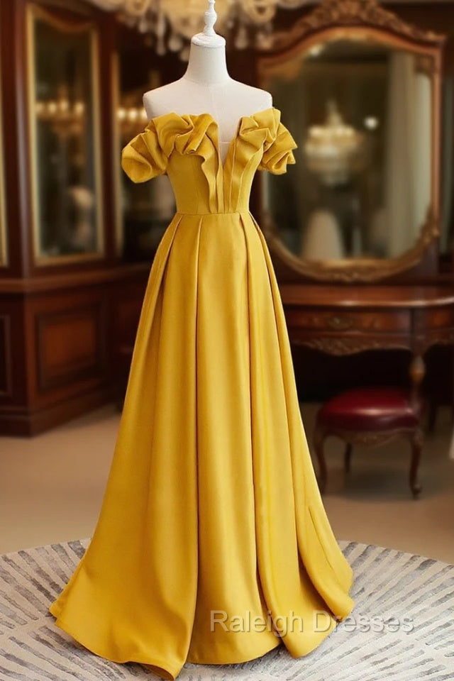 A-Line Off Shoulder Satin Yellow Long Prom Dress, Yellow Formal Evening Dress Main image