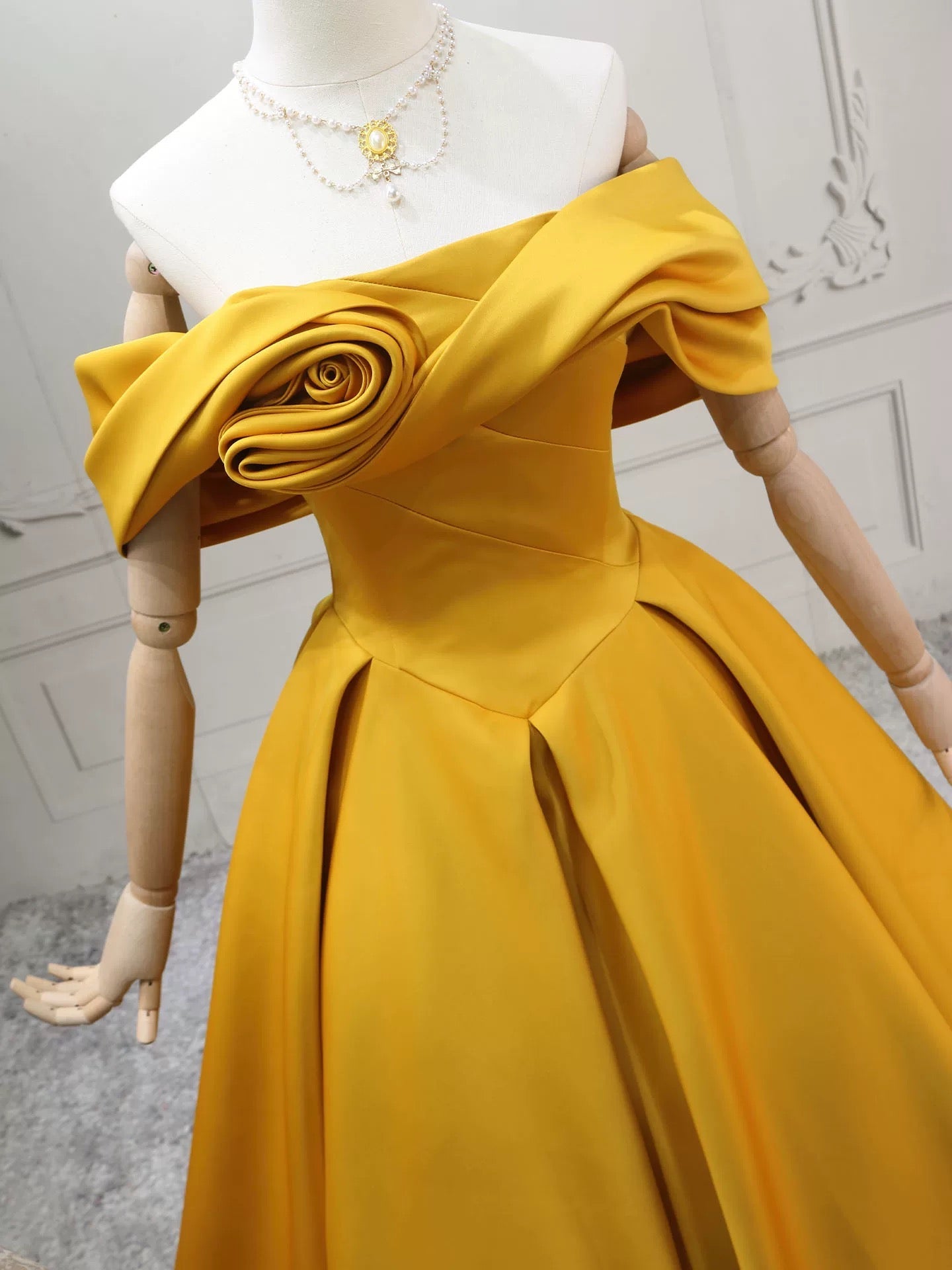 A-Line Off Shoulder Satin Yellow Long Formal Prom Dress, Yellow Long Prom Dress Secondary image