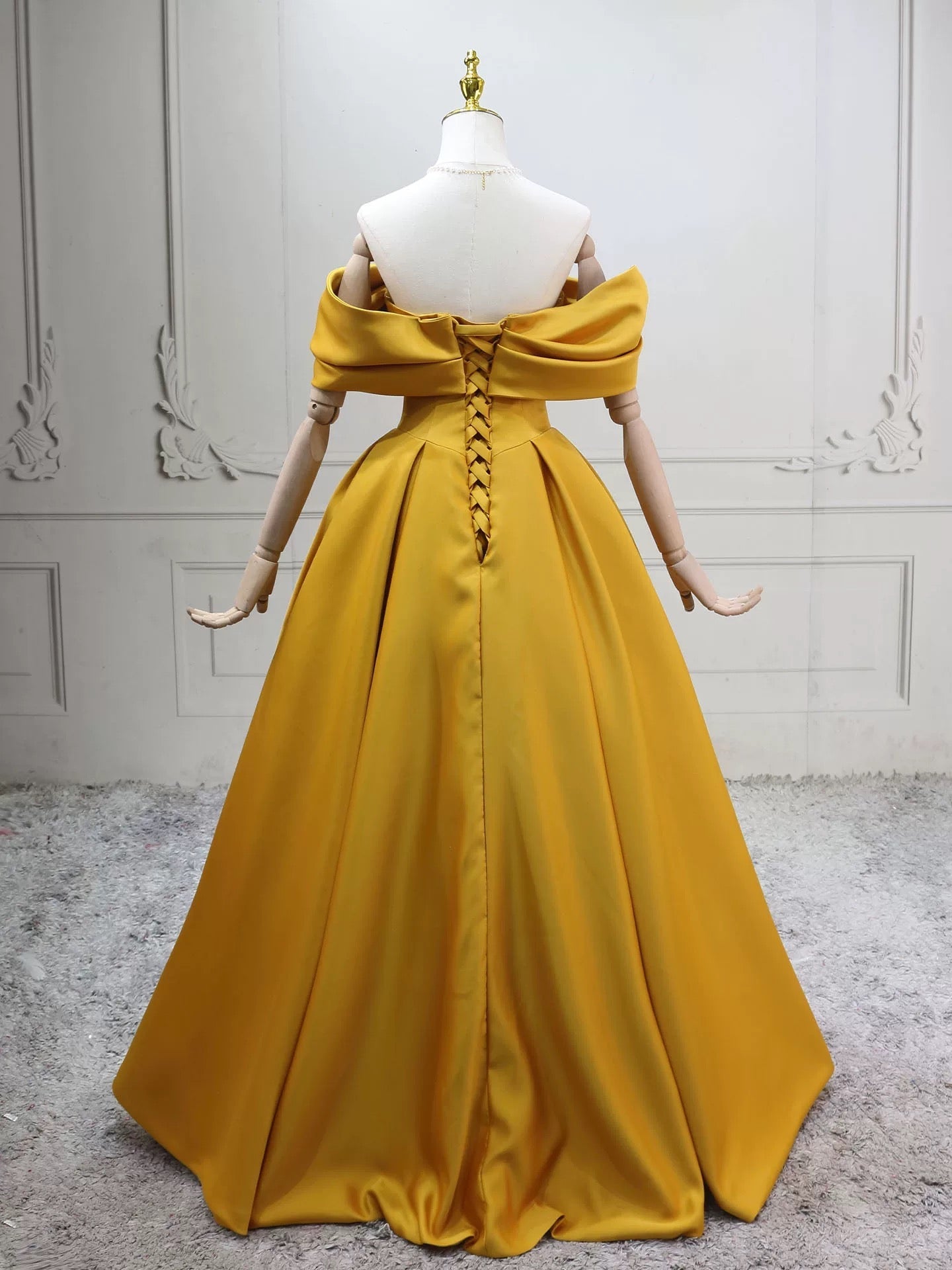 A-Line Off Shoulder Satin Yellow Long Formal Prom Dress, Yellow Long Prom Dress