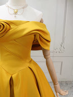A-Line Off Shoulder Satin Yellow Long Formal Prom Dress, Yellow Long Prom Dress