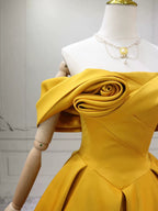 A-Line Off Shoulder Satin Yellow Long Formal Prom Dress, Yellow Long Prom Dress