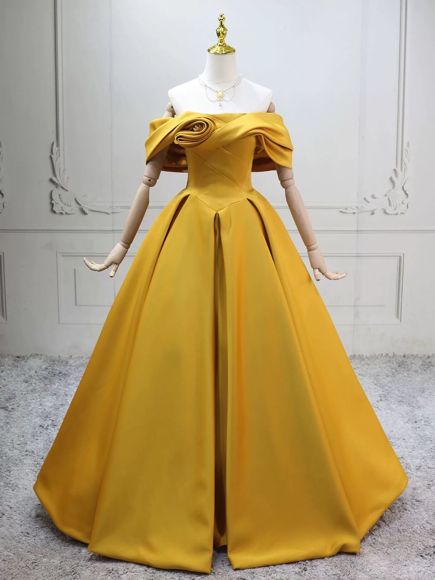 A-Line Off Shoulder Satin Yellow Long Formal Prom Dress, Yellow Long Prom Dress Main image