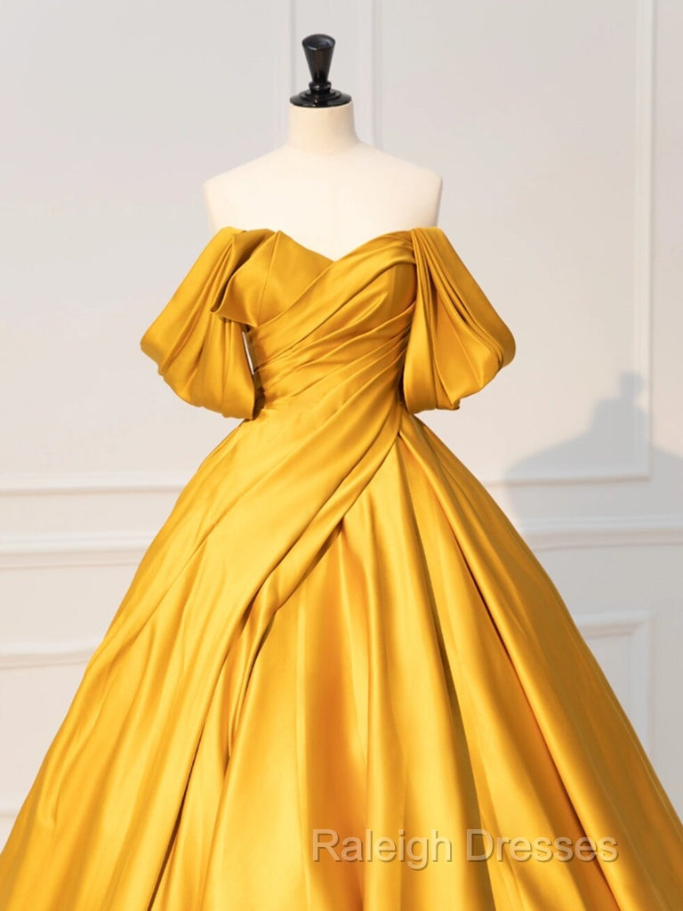 A-Line Off Shoulder Satin Yellow Long Prom Dress, Yellow Long Formal Dress