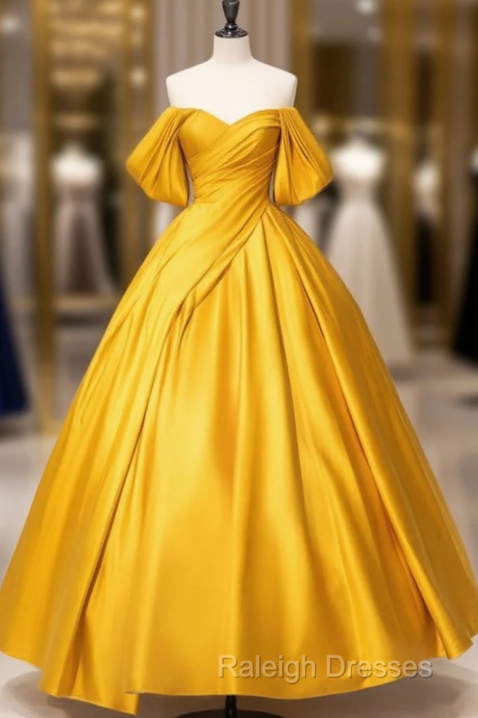 A-Line Off Shoulder Satin Yellow Long Prom Dress, Yellow Long Formal Dress