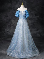A-Line Off Shoulder Sequin Beads Blue Long Prom Dress Sparkly Evening Dress