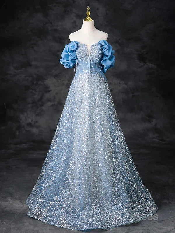 A-Line Off Shoulder Sequin Beads Blue Long Prom Dress Sparkly Evening Dress