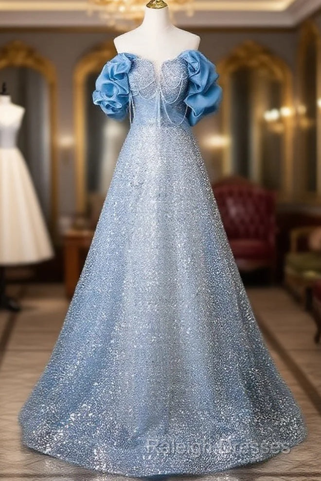 A-Line Off Shoulder Sequin Beads Blue Long Prom Dress Sparkly Evening Dress Main image