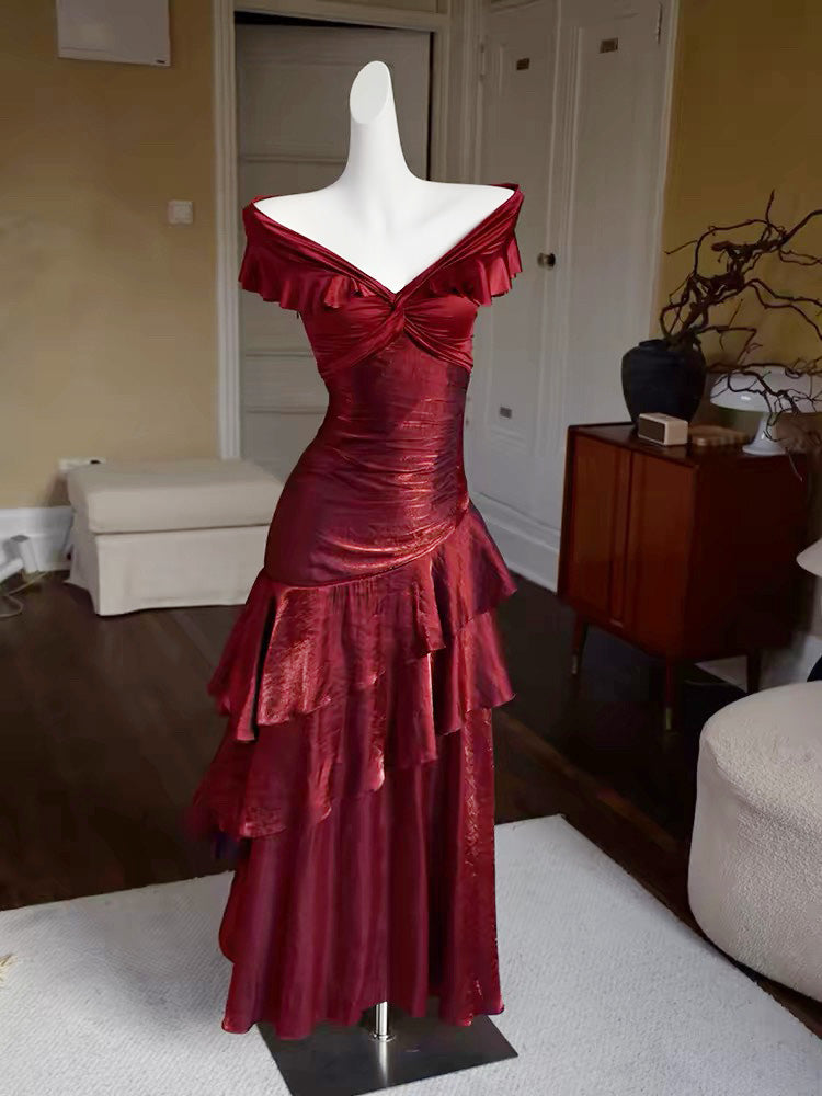 A-Line Off Shoulder Silk Floor Length Burgundy Formal Prom Dress Main image