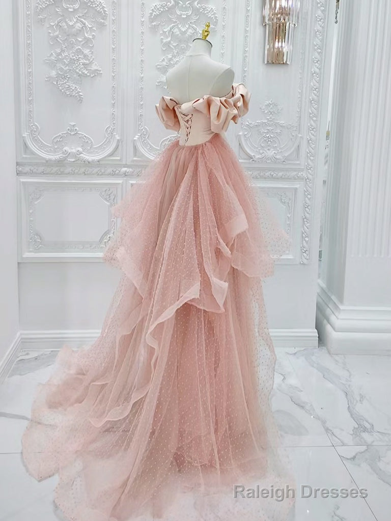 A-Line Off Shoulder Statin Tulle Pink Long Prom Dress, Pink Long Formal Dress