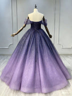 A-Line Off Shoulder Sweetheart Shiny Tulle Purple Ball Gown Formal Prom Dress