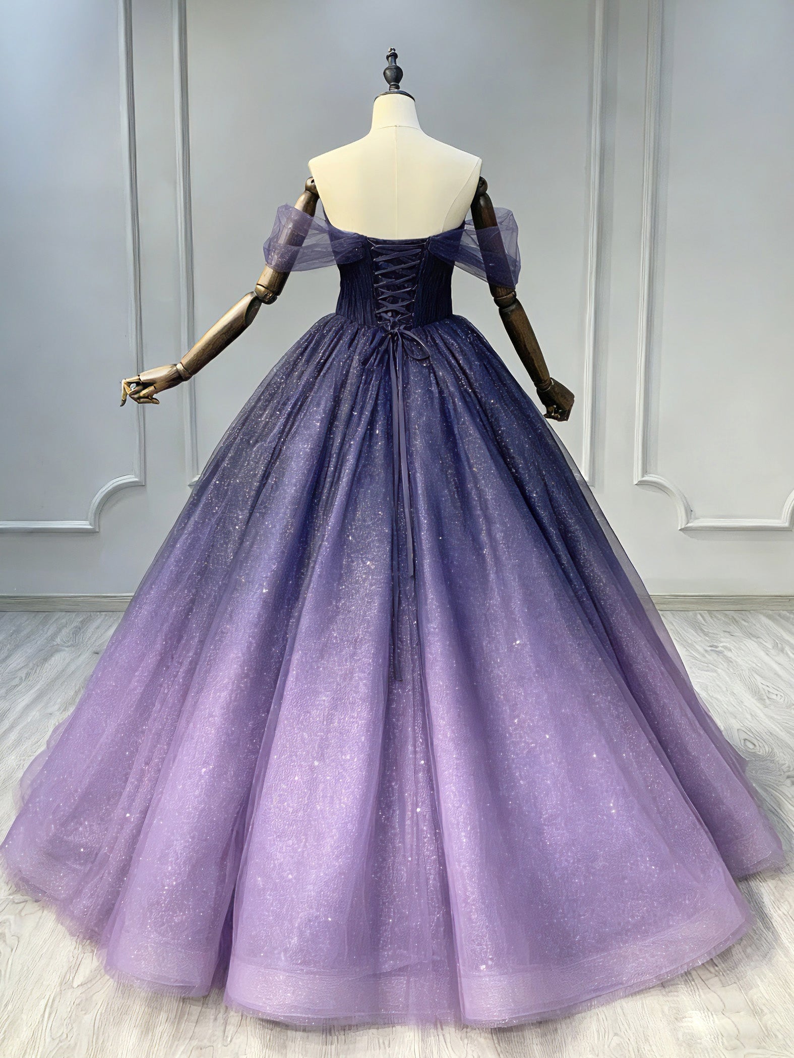 A-Line Off Shoulder Sweetheart Shiny Tulle Purple Ball Gown Formal Prom Dress