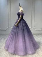 A-Line Off Shoulder Sweetheart Shiny Tulle Purple Ball Gown Formal Prom Dress
