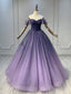 A-Line Off Shoulder Sweetheart Shiny Tulle Purple Ball Gown Formal Prom Dress
