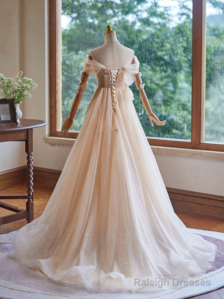 A-Line Off Shoulder Tulle Beads Champagne Long Prom Dress Secondary image