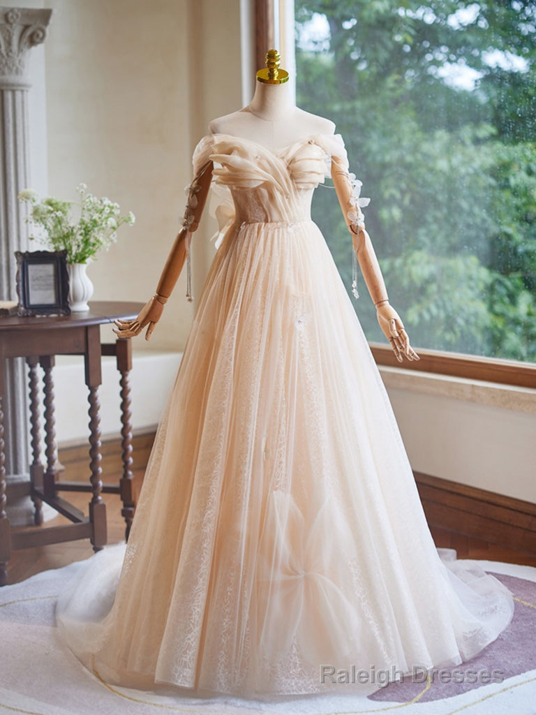 A-Line Off Shoulder Tulle Beads Champagne Long Prom Dress Main image