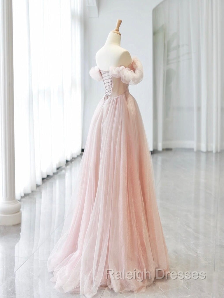 A Line Off Shoulder Tulle Beads Pink Long Prom Dress, Pink Tulle Long Formal Dress Secondary image