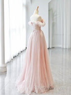 A Line Off Shoulder Tulle Beads Pink Long Prom Dress, Pink Tulle Long Formal Dress