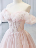 A Line Off Shoulder Tulle Beads Pink Long Prom Dress, Pink Tulle Long Formal Dress