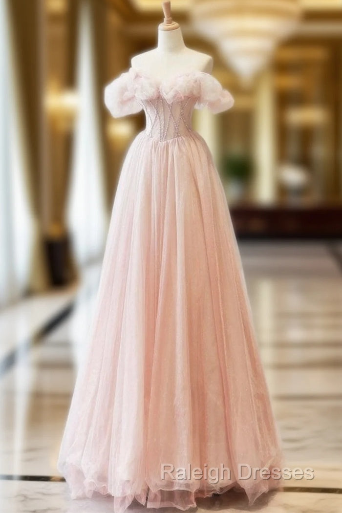 A-Line Off Shoulder Tulle Beads Pink Long Prom Dress, Pink Tulle Long Formal Dress Main image