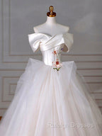A Line Off Shoulder Tulle Beige Long Prom Dress, Beige Tulle Long Formal Dress
