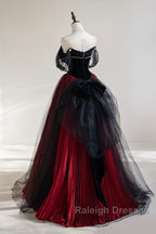 A-Line Off Shoulder Tulle Black/Burgundy Long Prom Dress