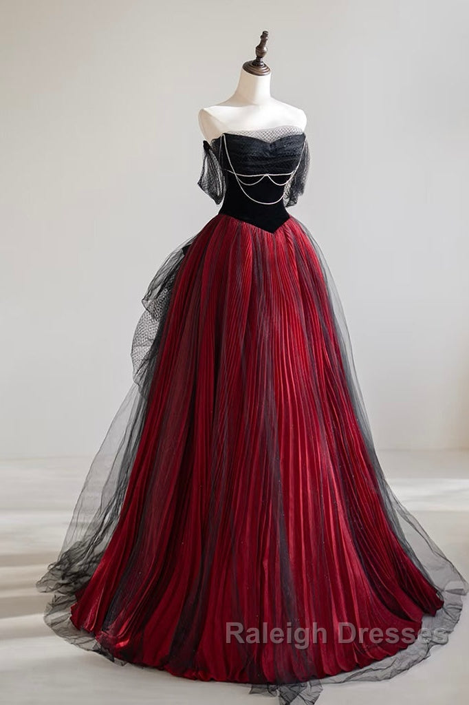 A-Line Off Shoulder Tulle Black/Burgundy Long Prom Dress