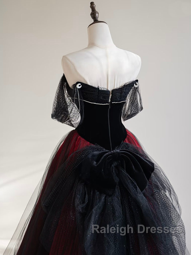 A-Line Off Shoulder Tulle Black/Burgundy Long Prom Dress
