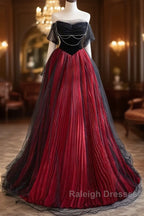 A-Line Off Shoulder Tulle Black/Burgundy Long Prom Dress