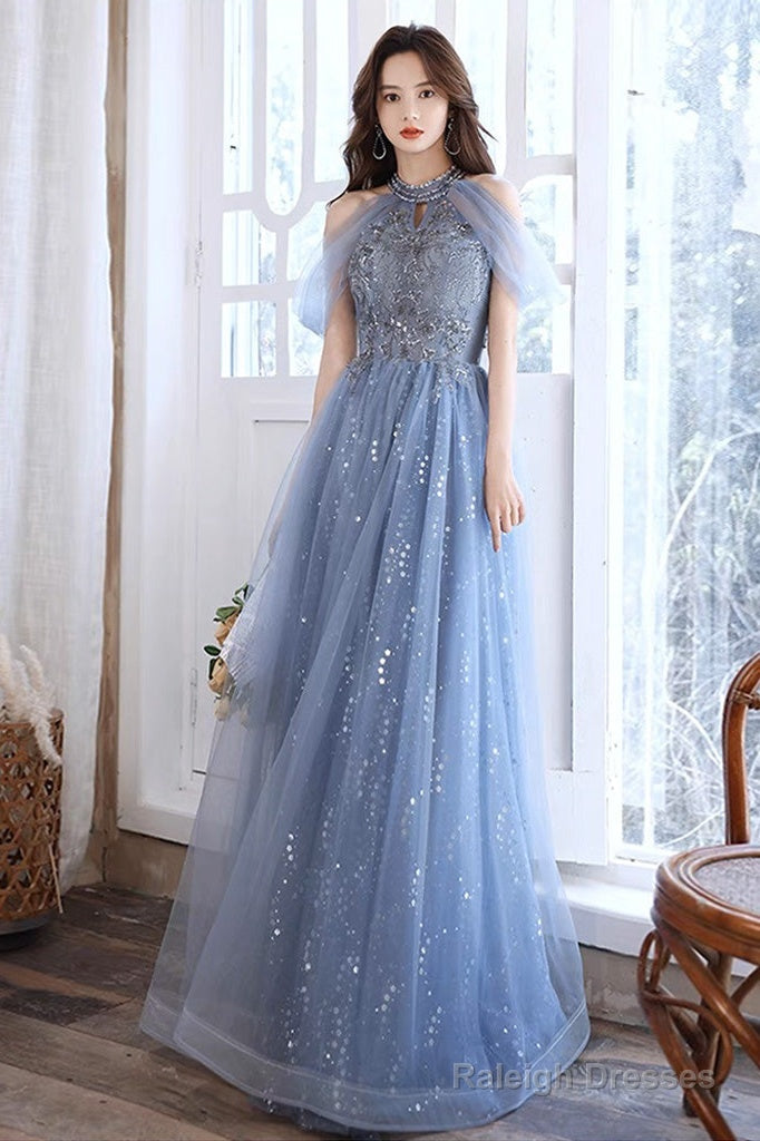 A-Line Off Shoulder Tulle Blue Long Prom Dresses Blue Lace Long Prom Dresses