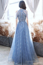 A-Line Off Shoulder Tulle Blue Long Prom Dress, Blue Lace Long Formal Dress